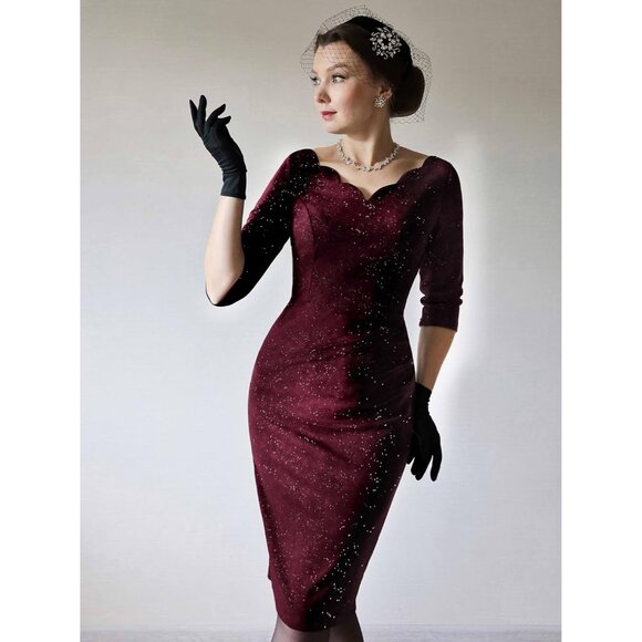 Women's Vintage Ruffle Cocktail Dress Polyester Zip V-Neck Elegant - Picture 3 of 5